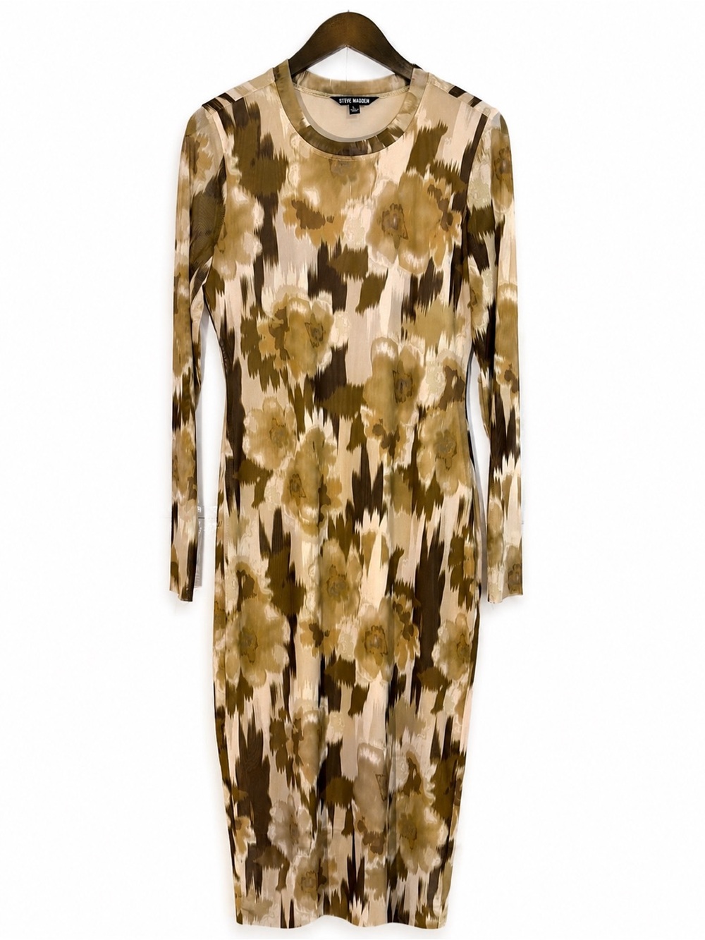 Steve Madden Mesh Floral Midi Dress Long Sleeve Bodycon Beige Brown Size L